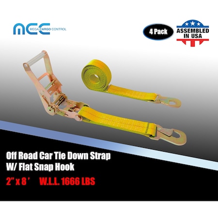 Tie 4 Safe 2" x 8' Ratchet Tie Down Strap w/ Flat Snap Hook Car Auto Hauler Tow Truck Yellow, 4PK RT48-8-Y-C-4